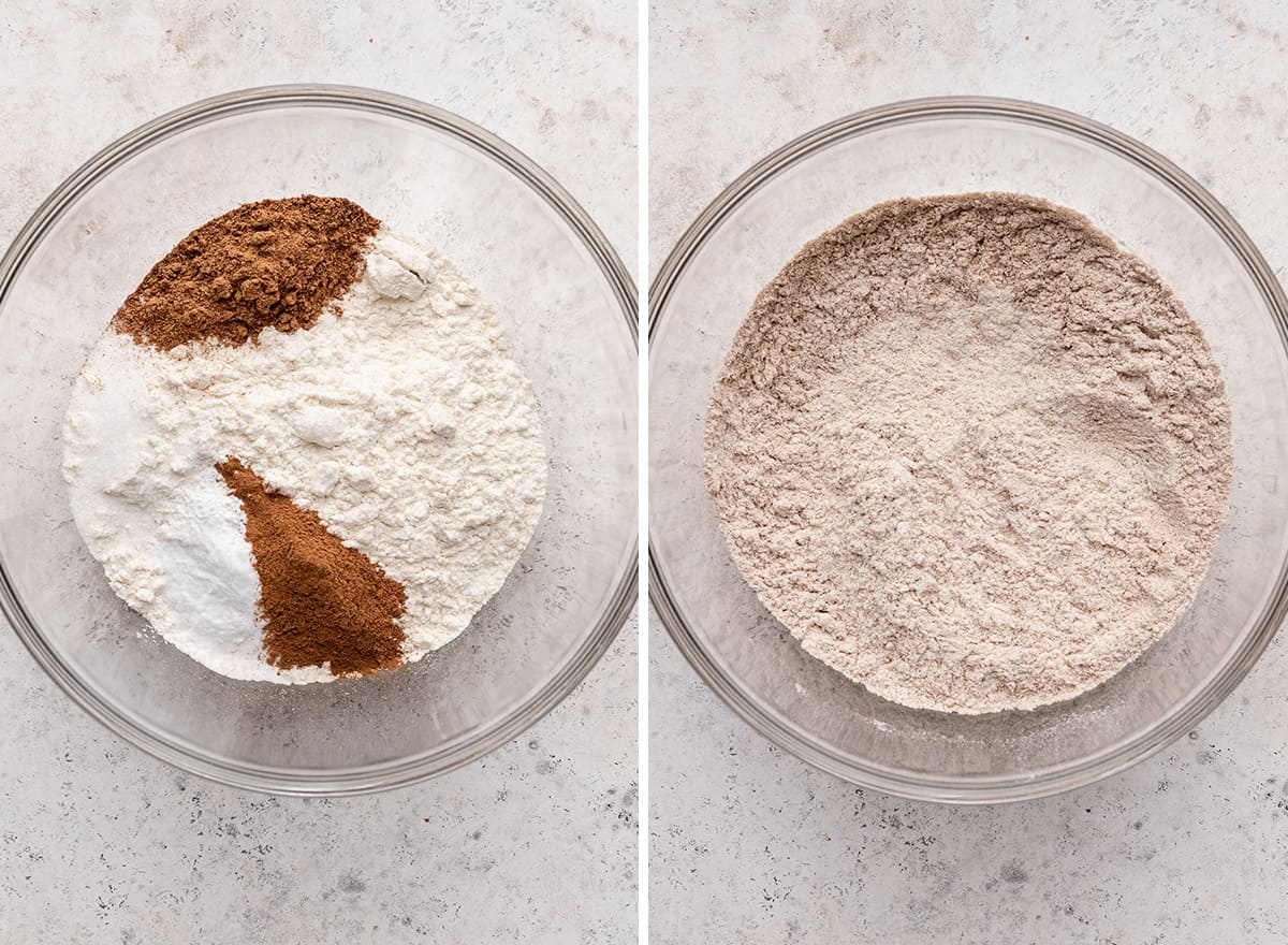 two photos showing How to Make a Pumpkin Roll cake - combining dry ingredients