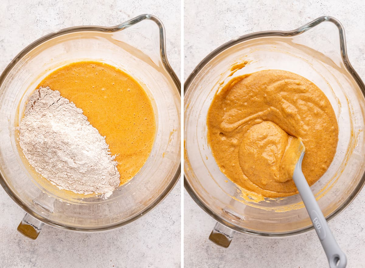 two photos showing How to Make a Pumpkin Roll cake - combining wet and dry ingredients
