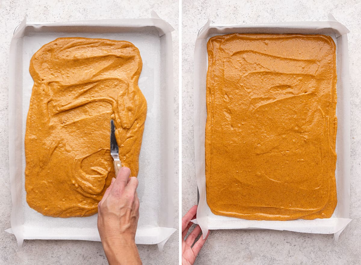 two photos showing How to Make a Pumpkin Roll cake - spreading the batter into the prepared pan