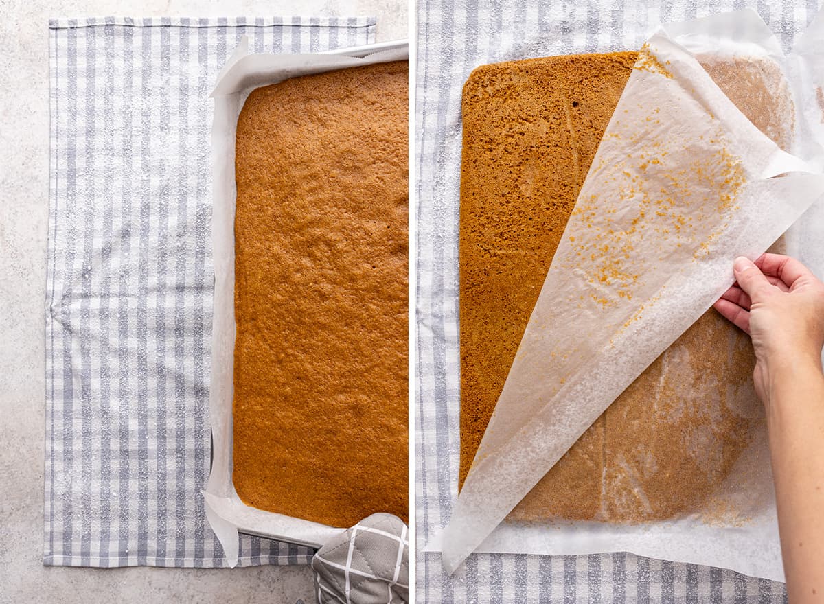 two photos showing How to Make a Pumpkin Roll cake - removing the parchment paper 