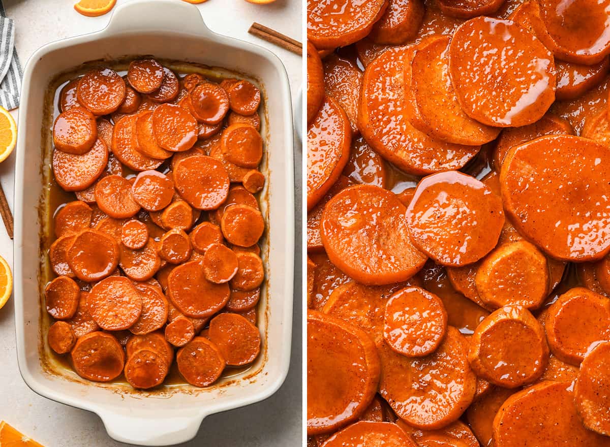 two photos showing candied yams in the baking dish after baking is finished. 