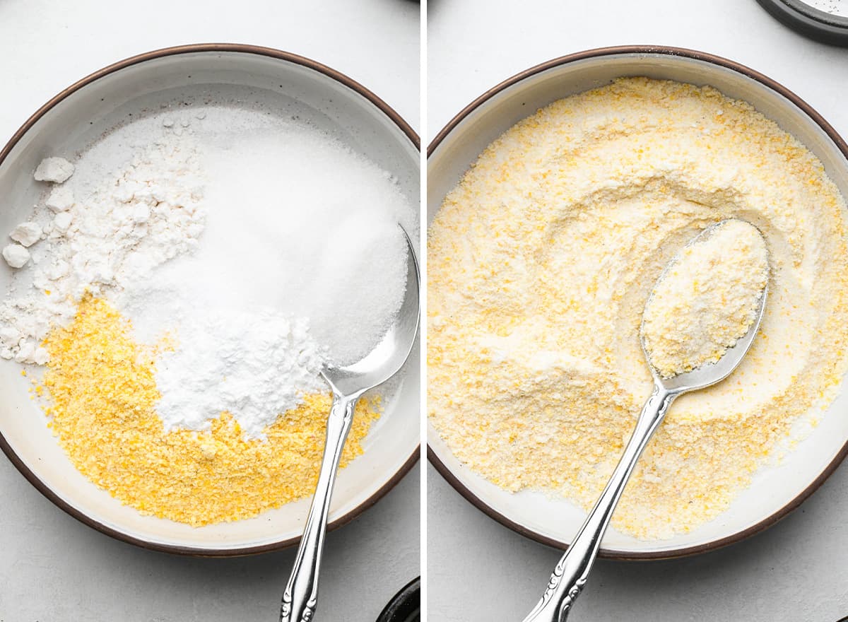 two photos showing How to Make Corn Pudding - combining dry ingredients in a bowl