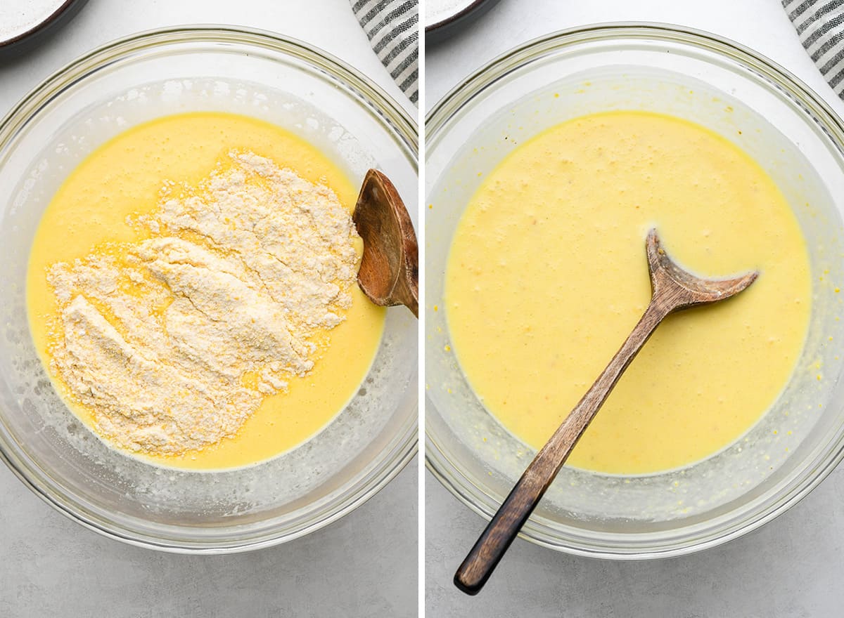 two photos showing How to Make Corn Pudding - combining dry and wet ingredients