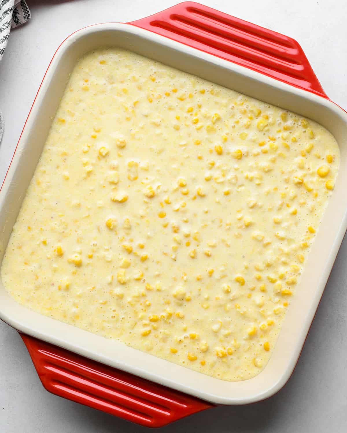 Corn Pudding in a baking dish before baking