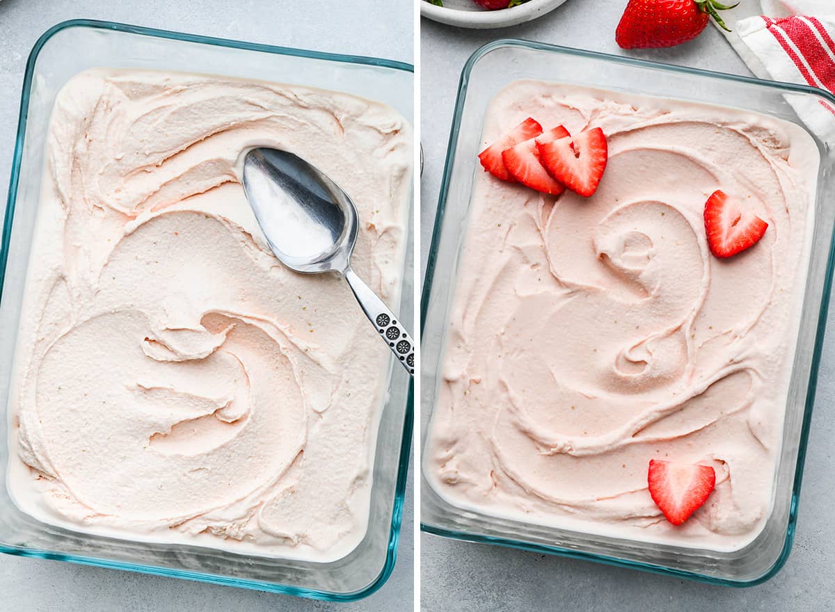 two photos showing How to Make Strawberry Ice Cream - putting the churned strawberry ice cream in a glass contianer to freeze