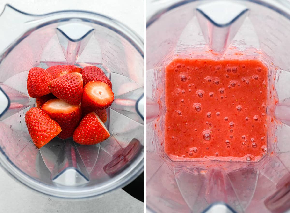 two photos showing How to Make Strawberry Ice Cream - blending the strawberries 