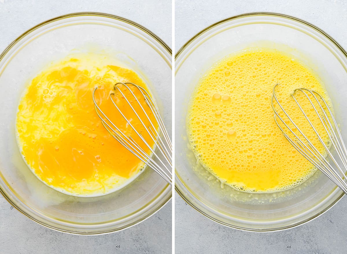 two photos showing How to Make Strawberry Ice Cream - adding warm half and half to egg yolks 