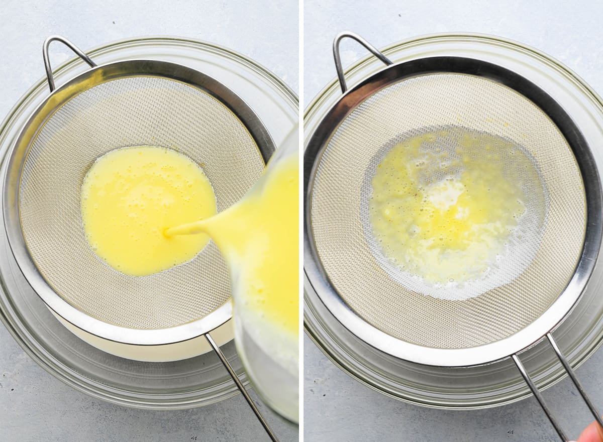 two photos showing How to Make Strawberry Ice Cream - pouring the custard through a metal strainer