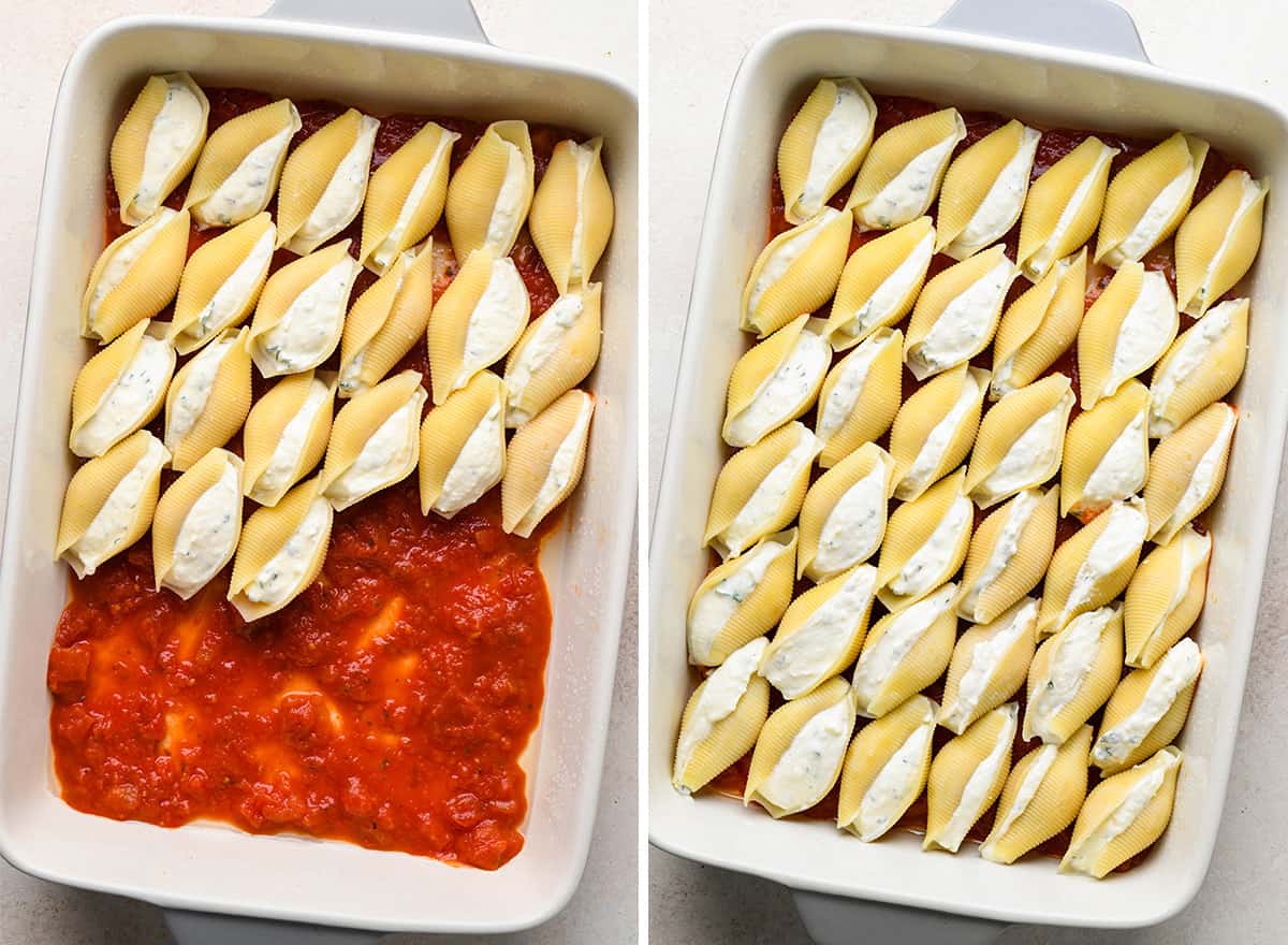 two photos showing How to Make Stuffed Shells - filled shells in a baking dish on top of sauce