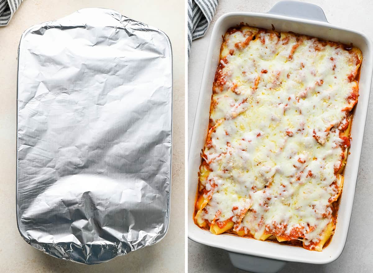 two photos showing How to Make Stuffed Shells - baking dish covered in foil then after baking with foil removed