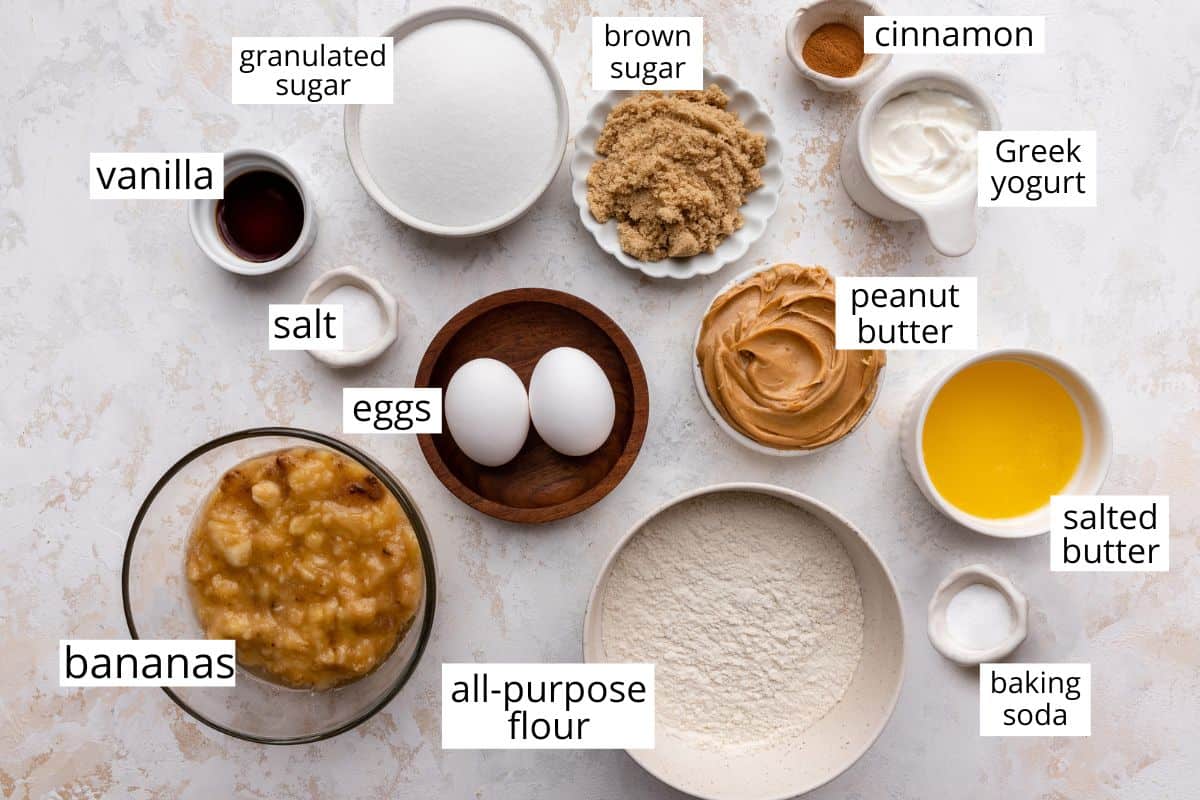 overhead photo of the ingredients in this peanut butter banana bread recipe