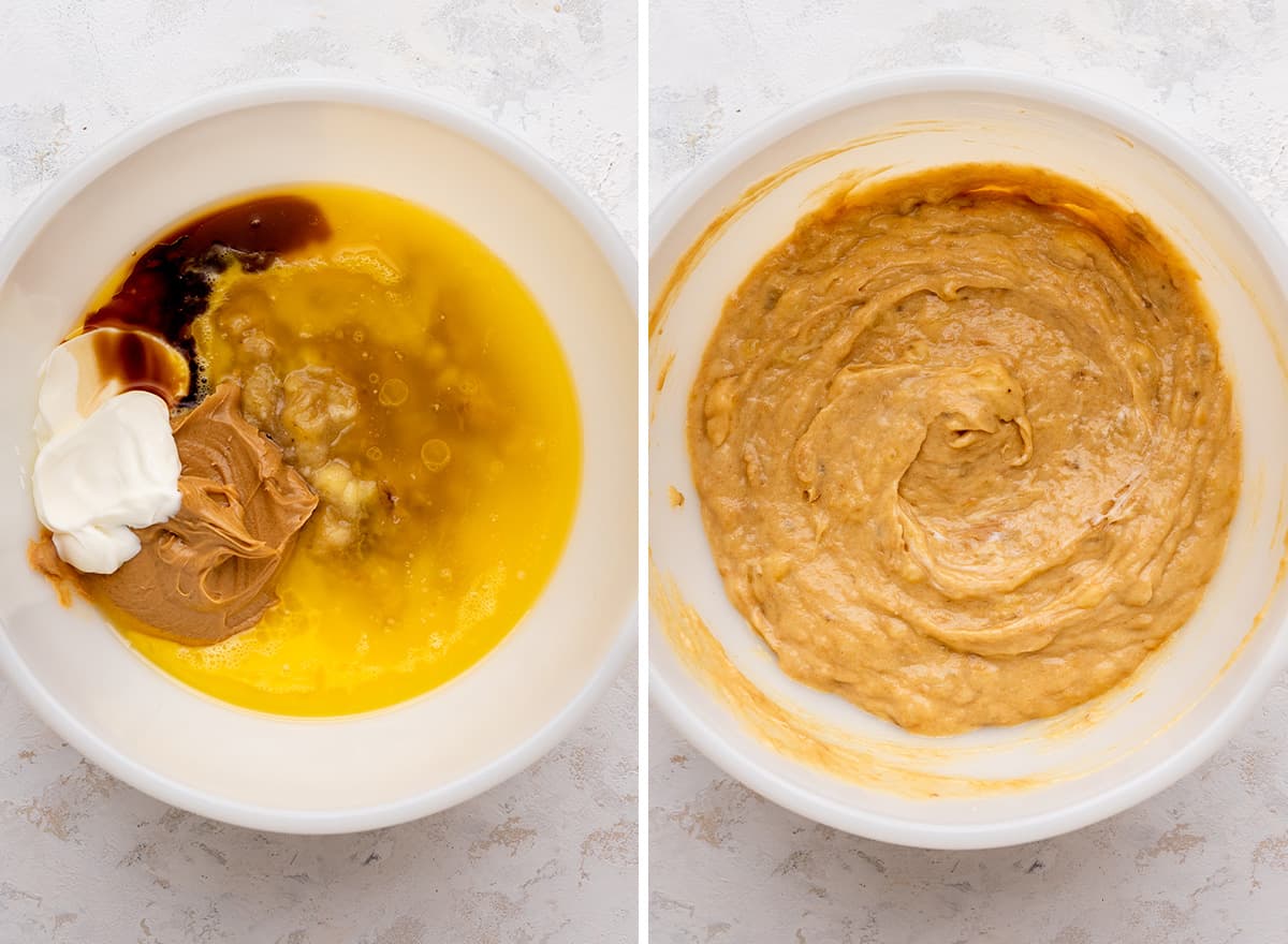 two photos showing how to make peanut butter banana bread - combining wet ingredients