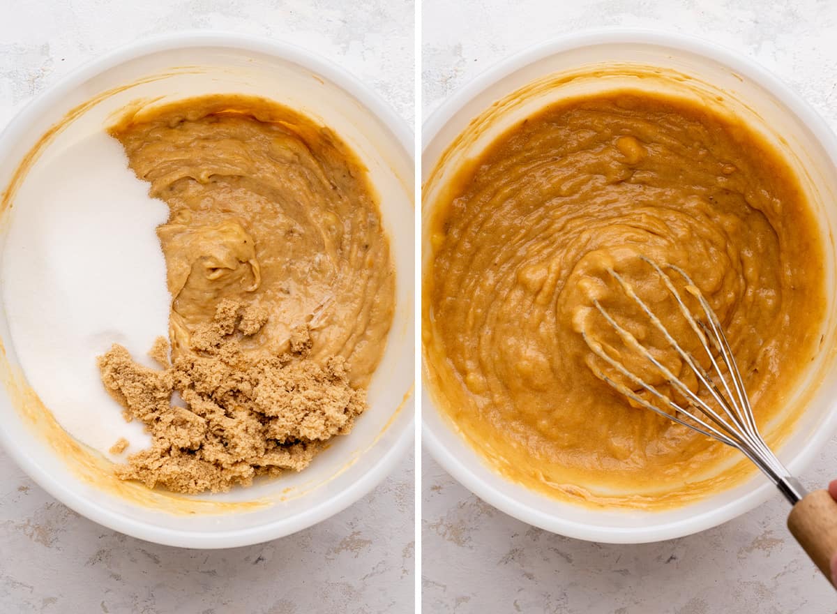two photos showing how to make peanut butter banana bread - whisking in sugar