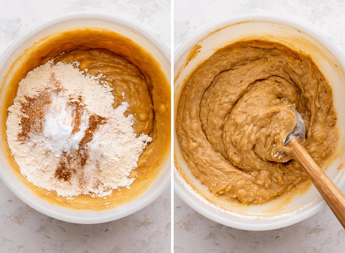 two photos showing how to make peanut butter banana bread - adding dry ingredients
