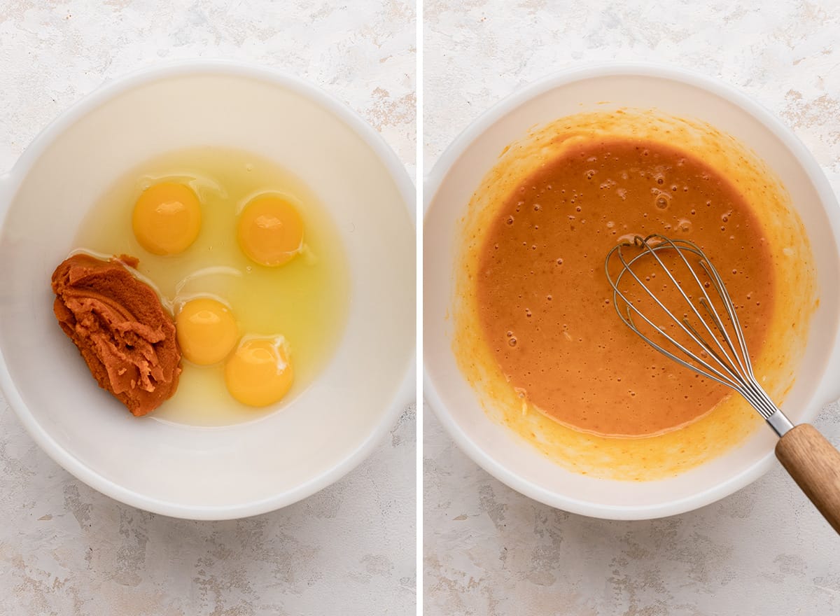 two photos whisking together the pumpkin and eggs to make Pumpkin French Toast