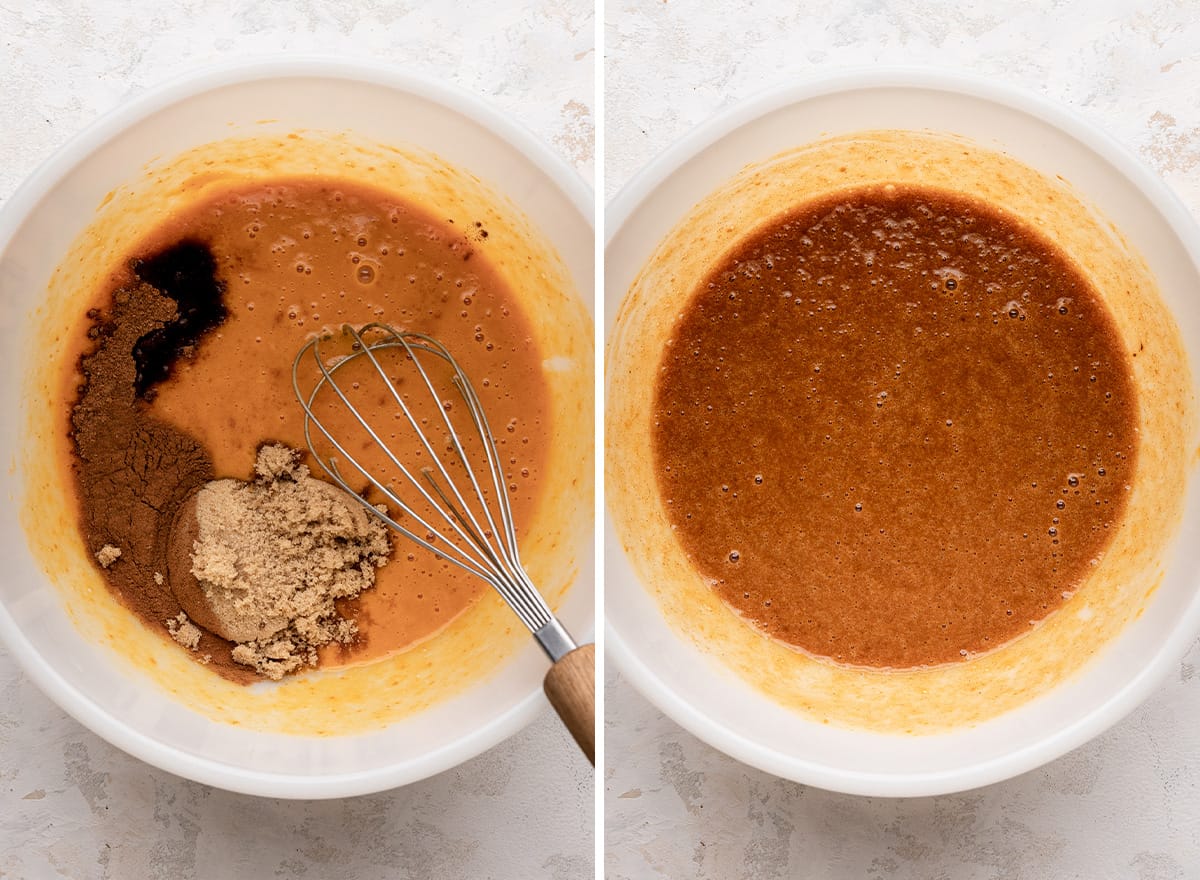 two photos showing whisking the sugar into the pumpkin mixture to make Pumpkin French Toast