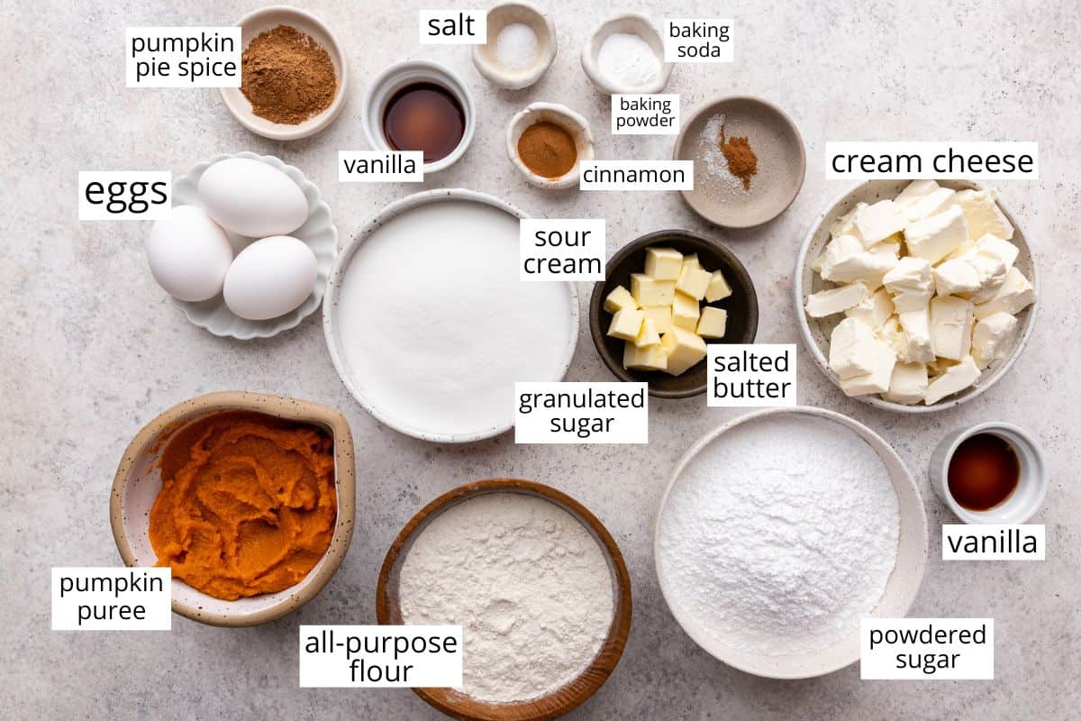 overhead photo of the ingredients in this Pumpkin Roll Cake recipe