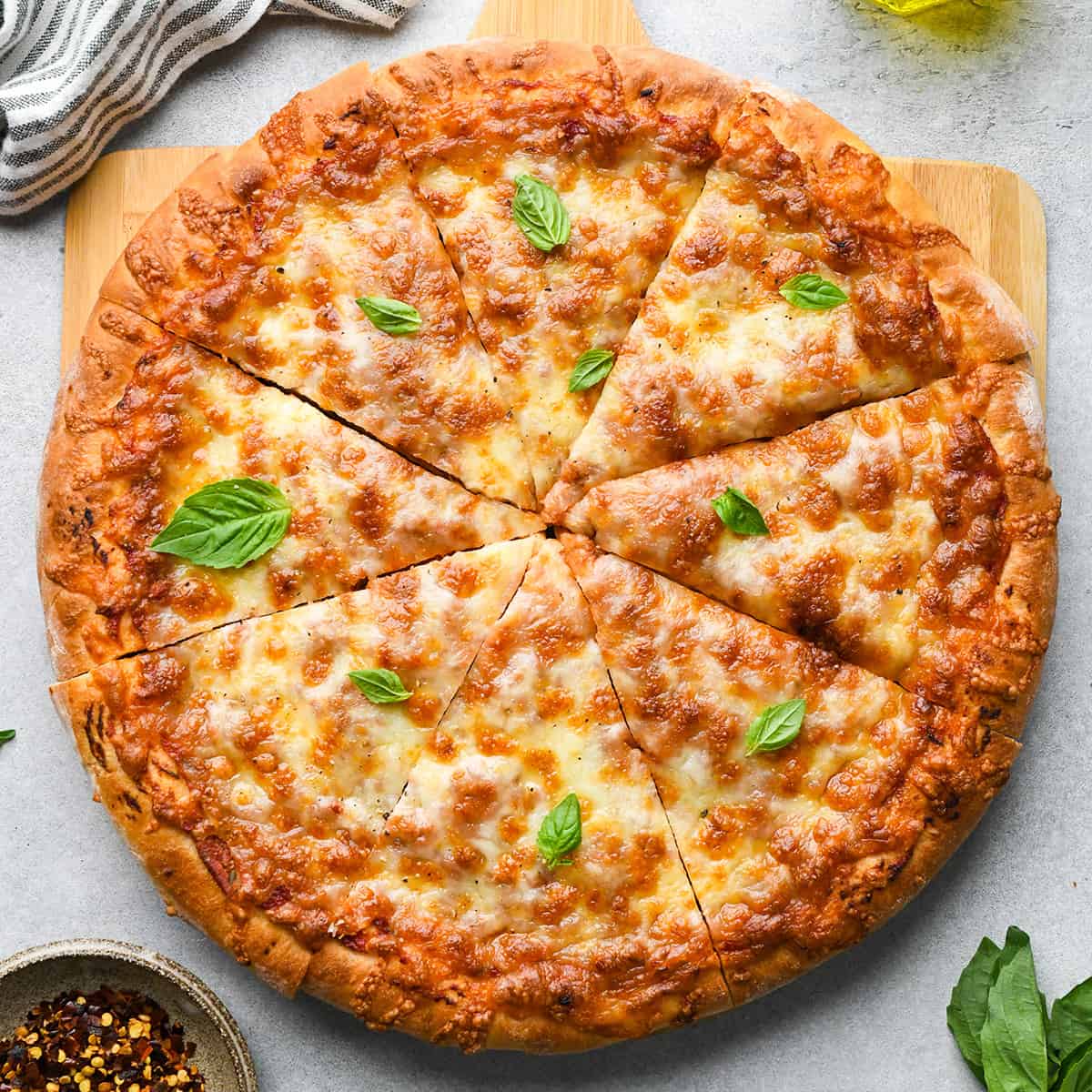 a cheese pizza made with this pizza dough recipe