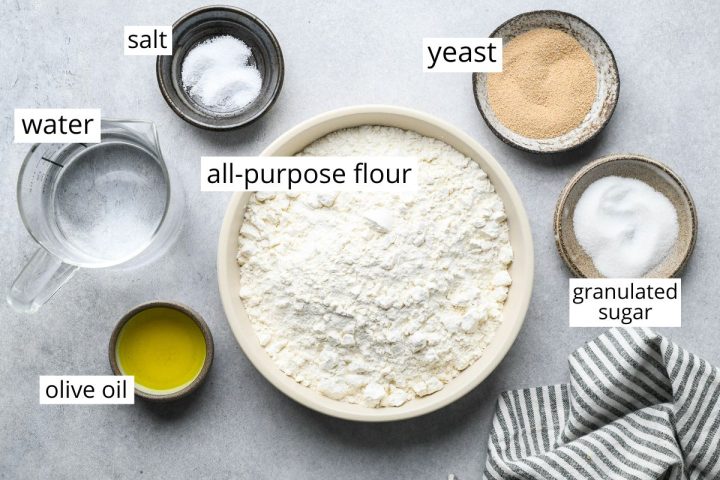 overhead photo of the ingredients in this Homemade Pizza Dough Recipe