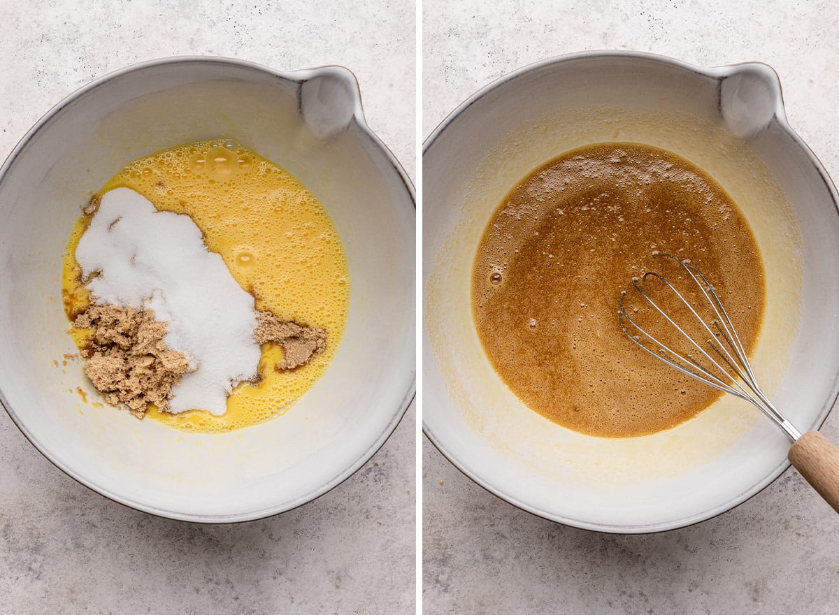 two photos showing How to Make Bread Pudding - whisking sugars into eggs.