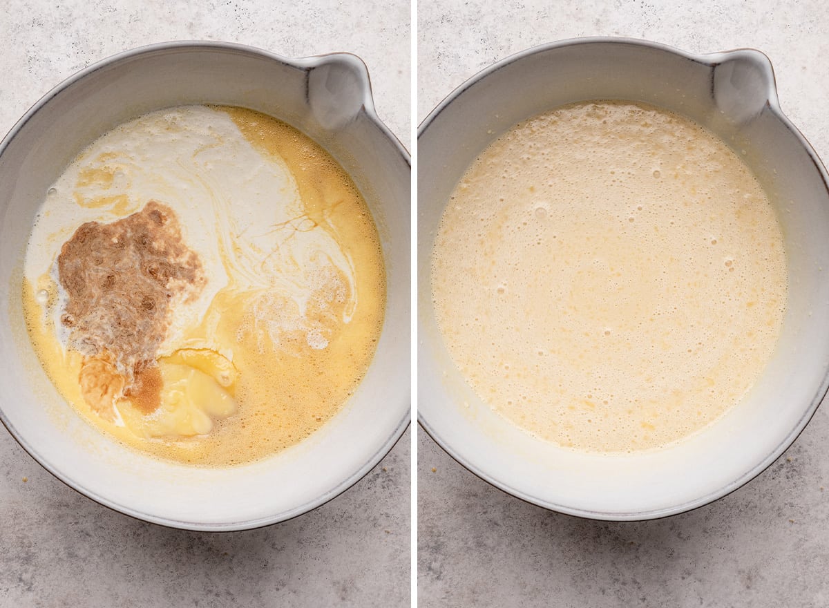 two photos showing How to Make Bread Pudding - adding wet ingredients. 