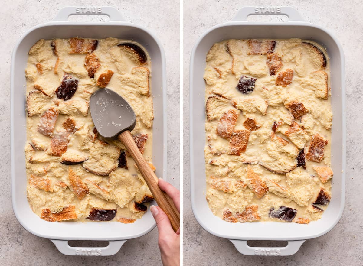 two photos showing How to Make Bread Pudding - pouring custard over torn bread pieces in the baking dish