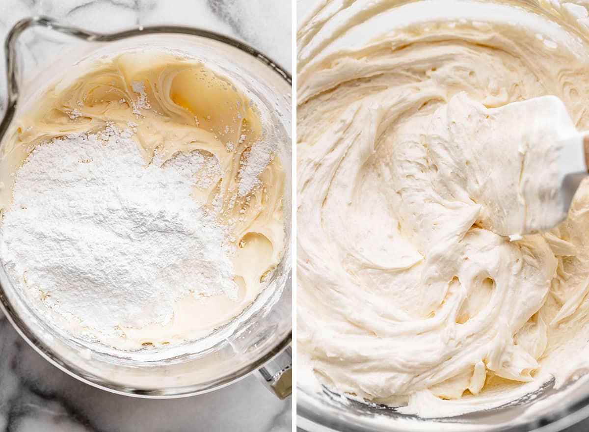 two photos showing How to Make Buttercream Frosting - adding more powdered sugar