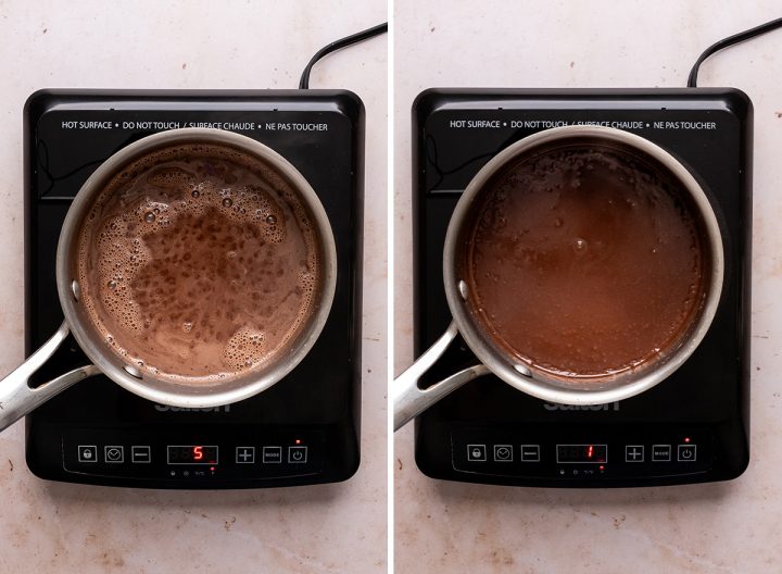 two photos showing How to Make Chocolate Pudding in a saucepan