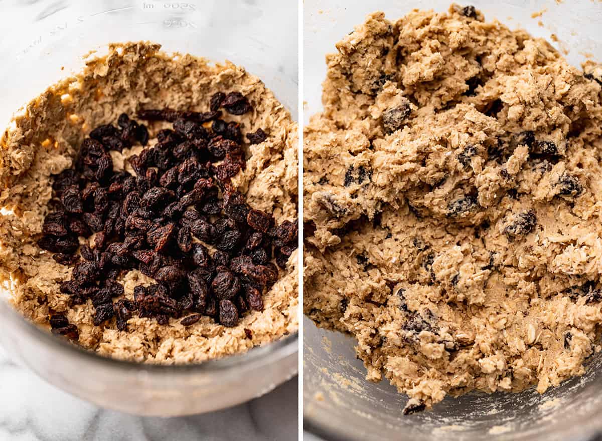 two photos showing how to make oatmeal raisin cookies - adding raisins