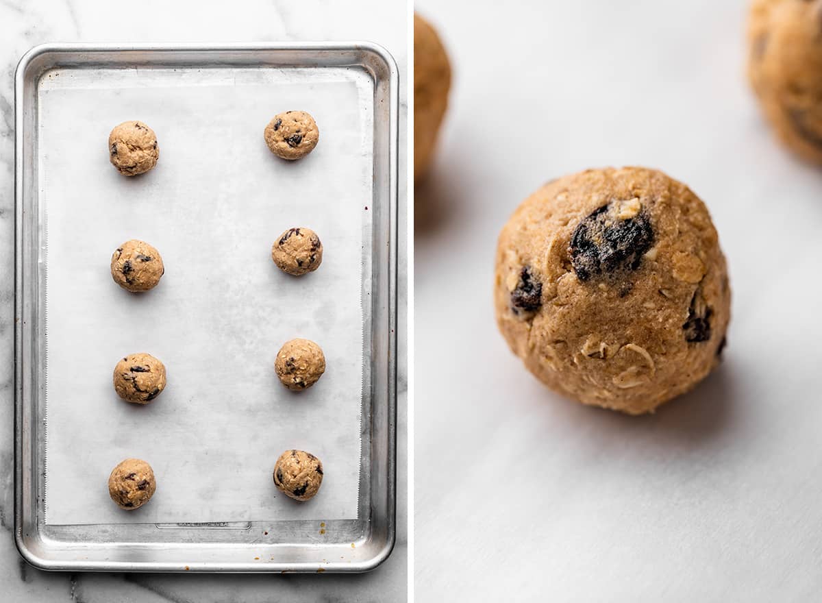 two photos showing how to make oatmeal raisin cookies - dough on baking sheet before baking