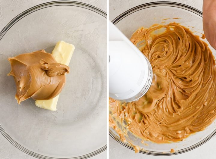 two photos showing how to make peanut butter cookies - beating together butter and peanut butter