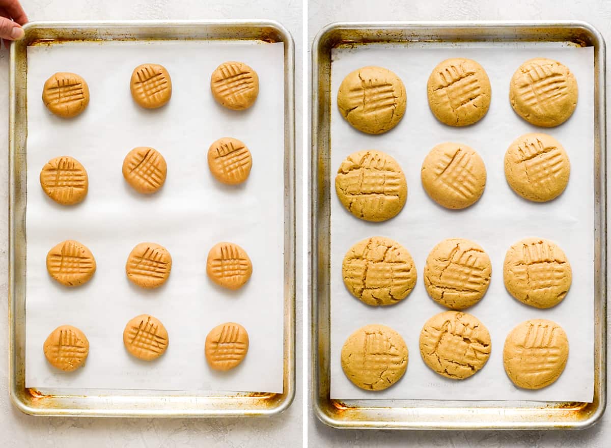 two photos showing peanut butter cookies on a baking sheet before and after baking