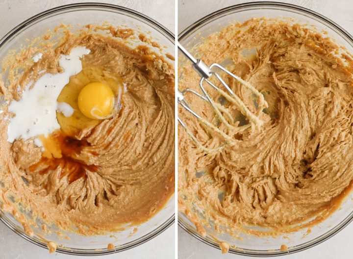 two photos showing how to make peanut butter cookies - beating in wet ingredients 