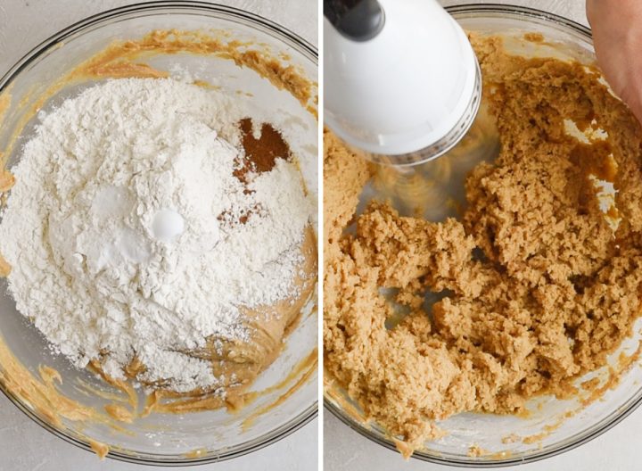 two photos showing how to make peanut butter cookies - adding dry ingredients