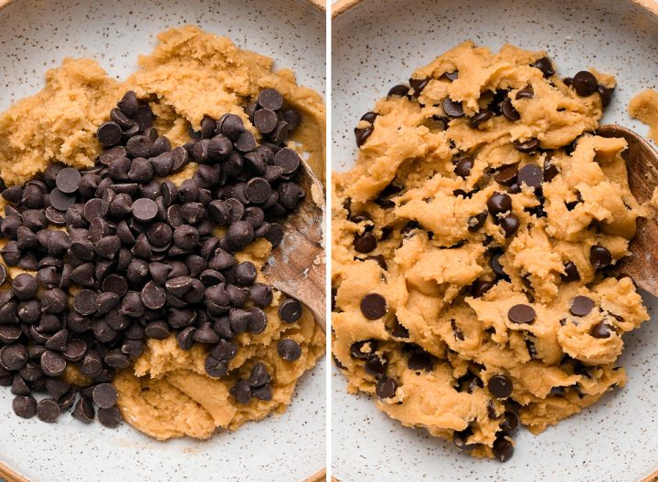 two photos showing how to make peanut butter cookies - adding chocolate chips