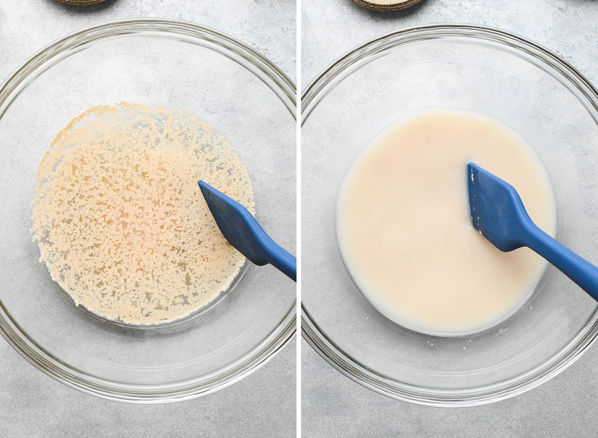 two photos showing yeast proofing for pizza dough