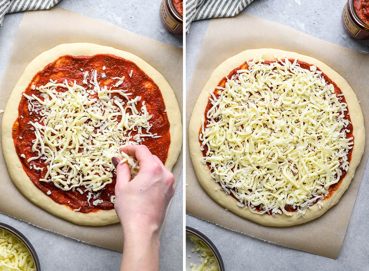 two photos showing cheese being sprinkled over homemade pizza douigh