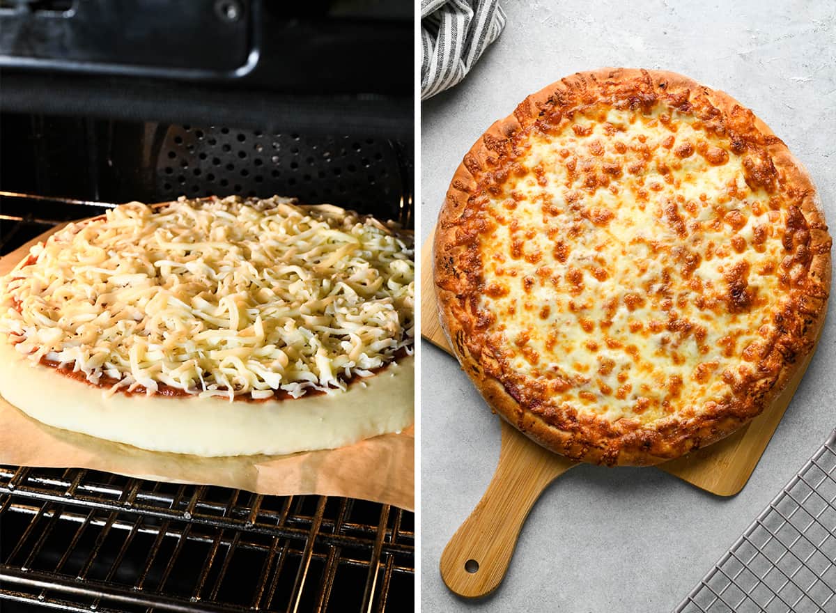 two photos showing pizza during and after being baked in oven
