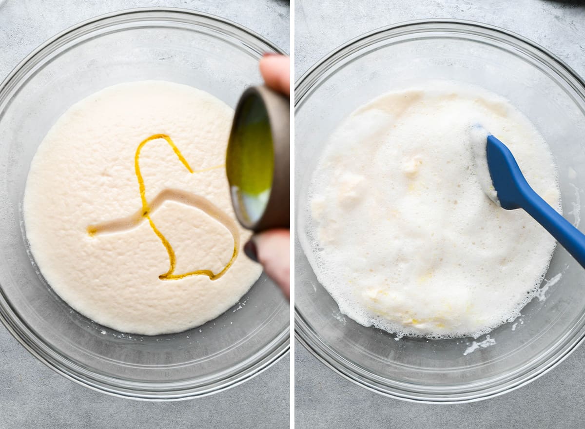 two photos showing How to Make Pizza Dough - stirring in olive oil