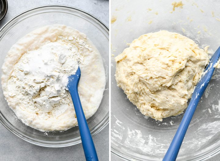 two photos showing How to Make Pizza Dough - adding flour and salt 