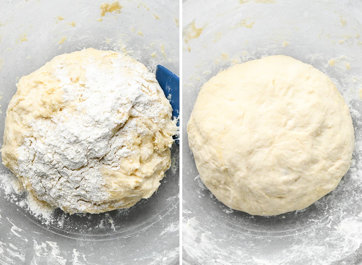 two photos showing How to Make Pizza Dough - adding more flour and forming a ball