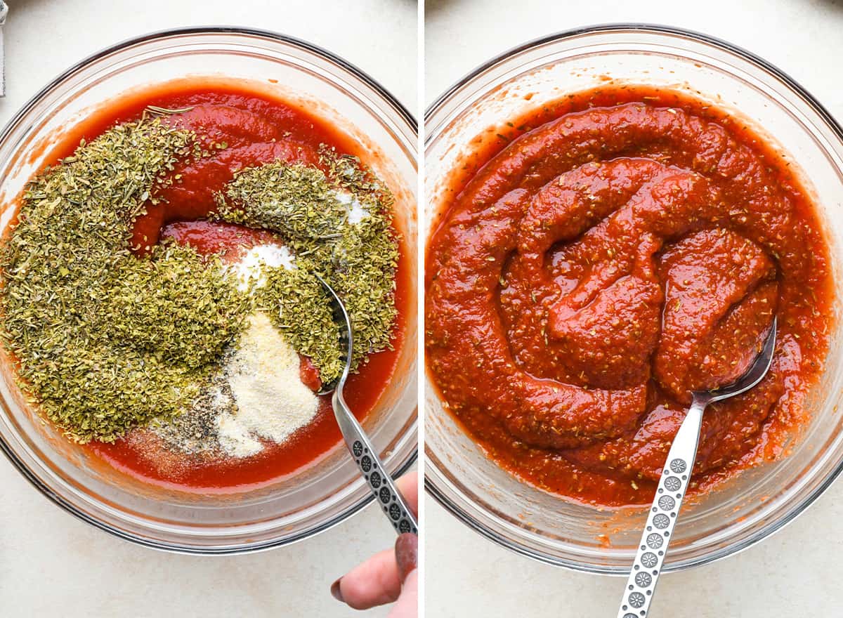 two photos showing how to make pizza sauce - stirring in spices