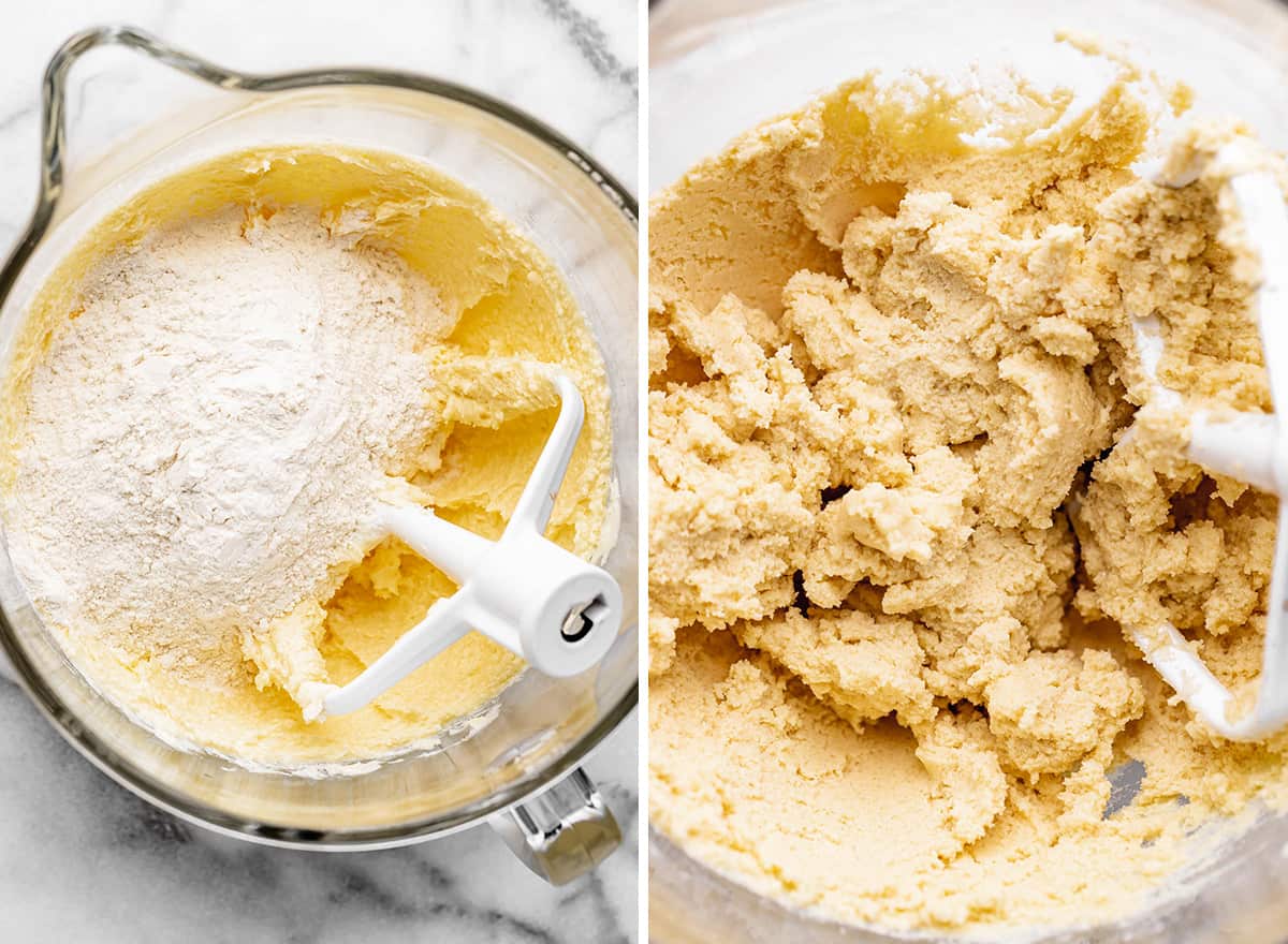 two photos showing How to Make Shortbread Cookies - adding the dry ingredients 