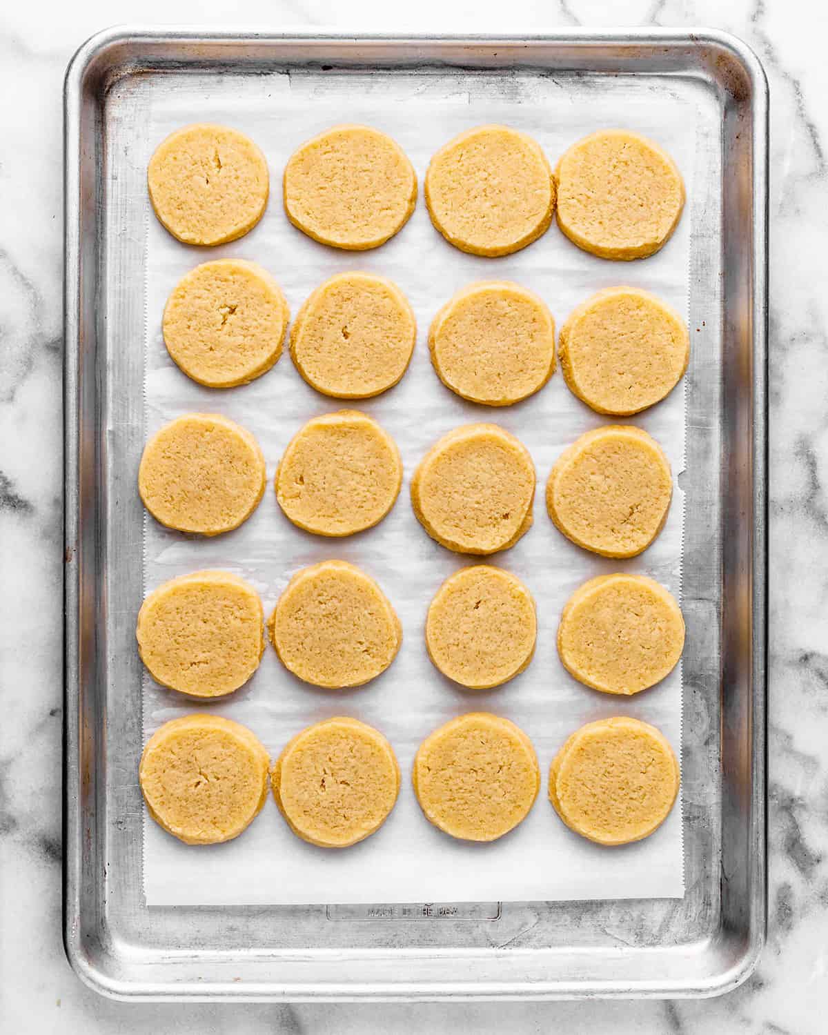 Shortbread Cookies on a baking sheet after baking