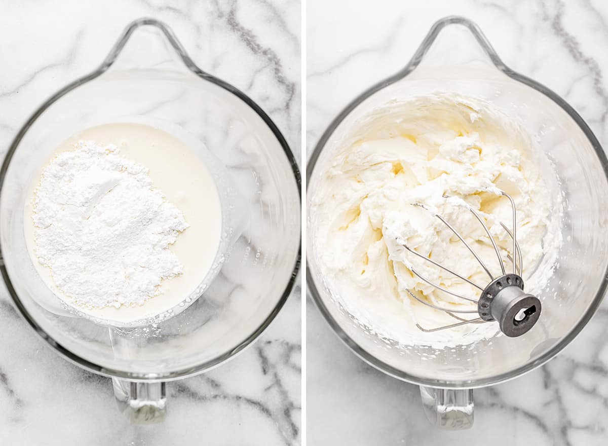 two photos showing how to make the No Bake Chocolate Cheesecake filling - whipping cream & sugar