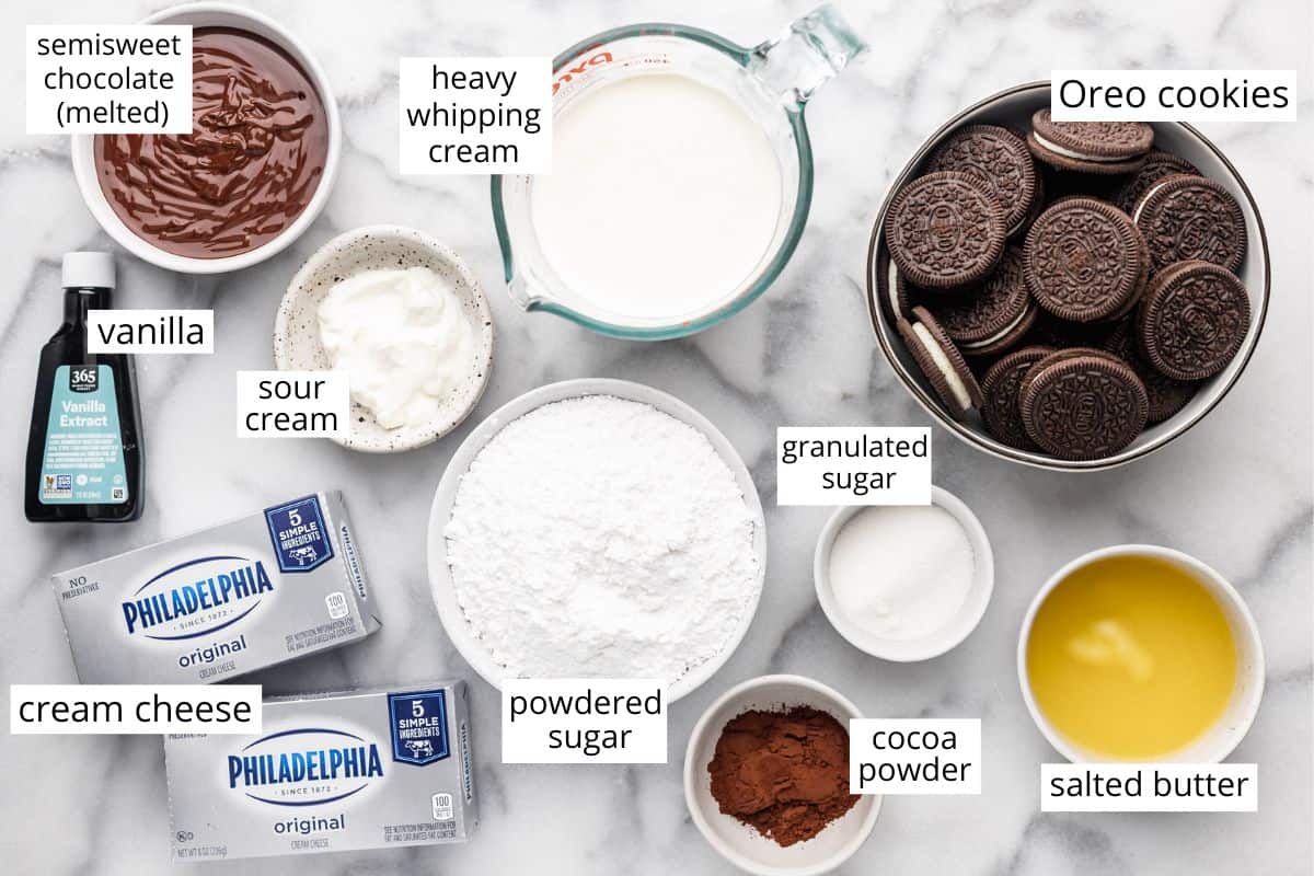 overhead photo of the ingredients in this No Bake Chocolate Cheesecake recipe