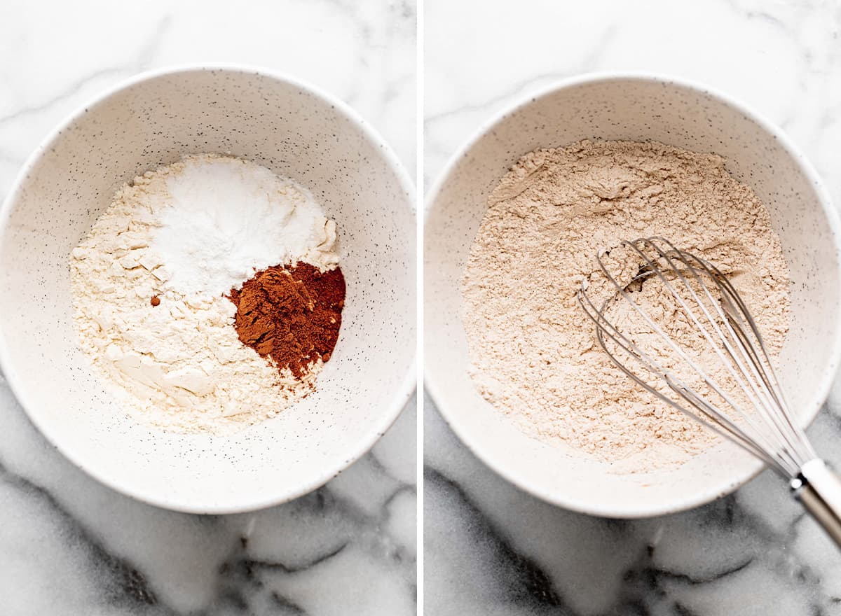 two photos showing How to Make Oatmeal Muffins - combining dry ingredients