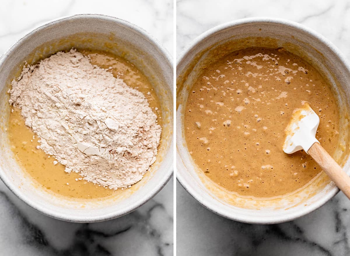 two photos showing How to Make Oatmeal Muffins - combining wet and dry ingredients