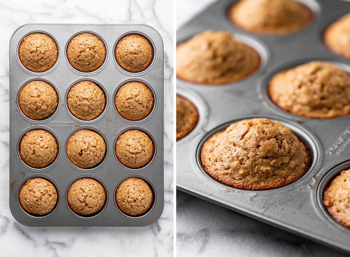 two photos showing oatmeal muffins in a muffin tin after baking
