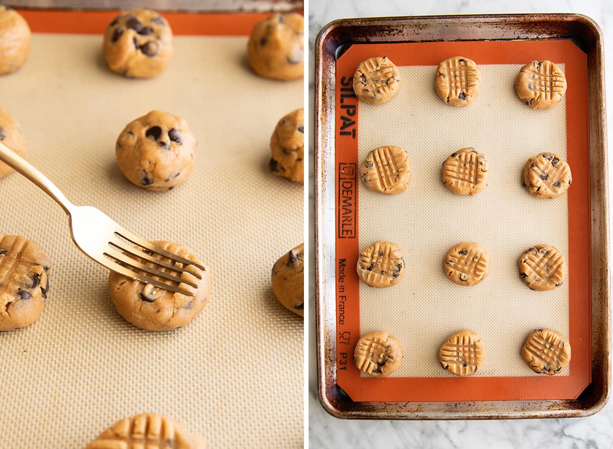 two photos showing how to make Peanut Butter Chocolate Chip Cookies - pressing top with fork and then cookies on baking sheet